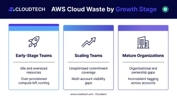 Three company growth stages cloud waste drivers comparison infographic