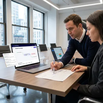 Team reviewing AI chatbot workflow for roofing customer support
