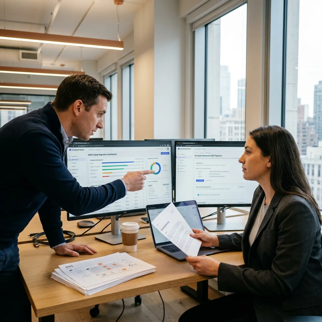 Telecom team reviewing conversational AI dashboard