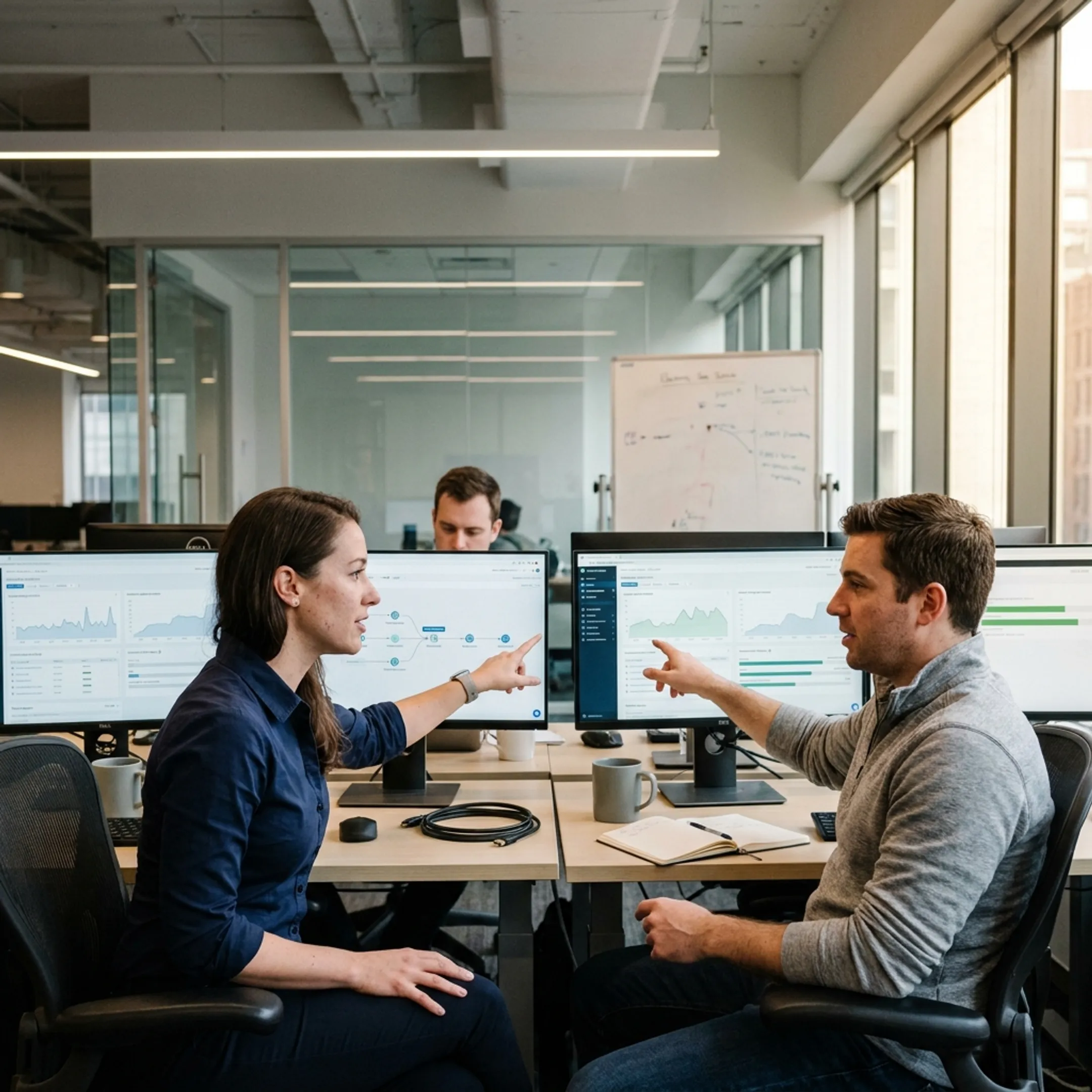 Cloud data migration engineers monitoring database transfer progress