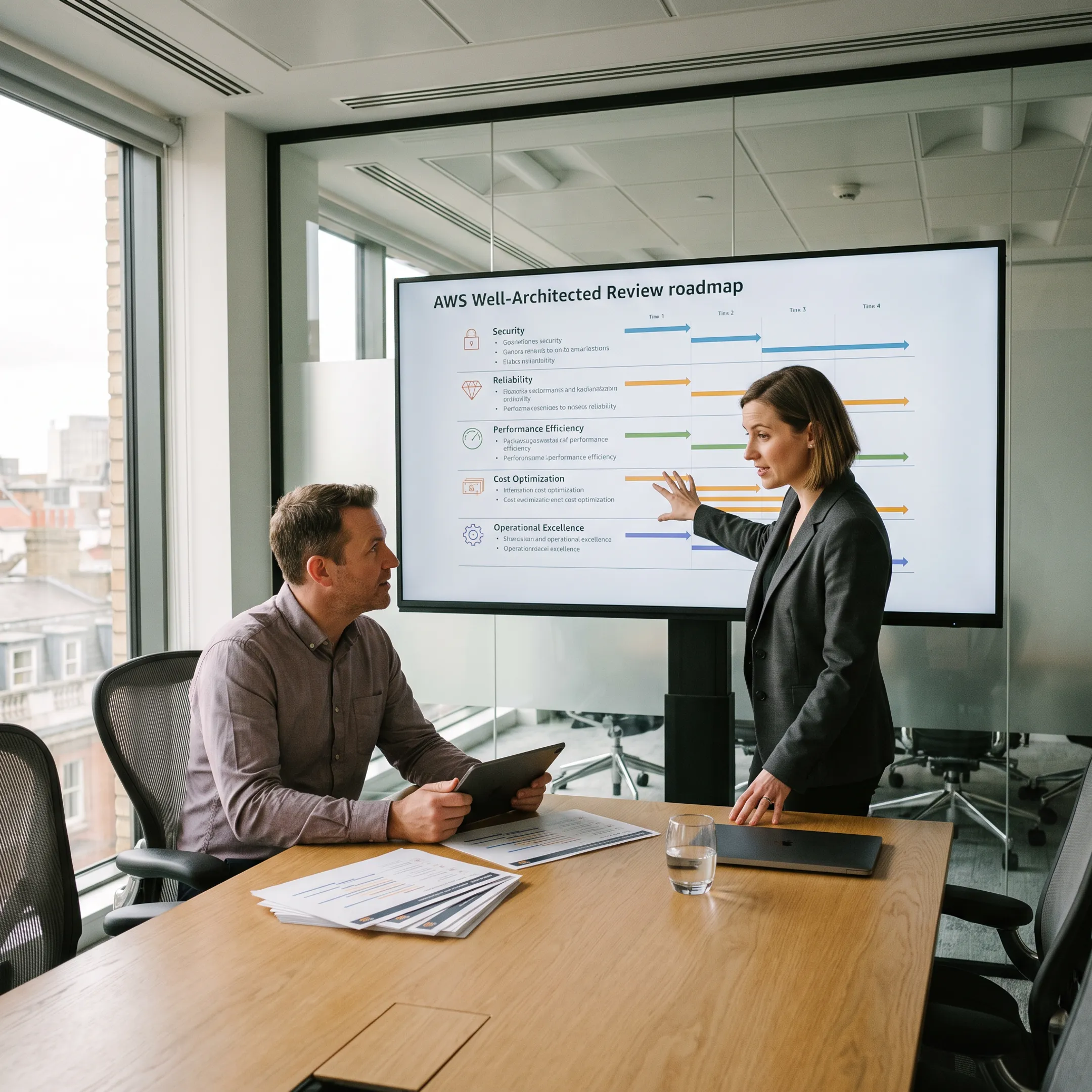Consultants discussing AWS architecture review findings with a business team