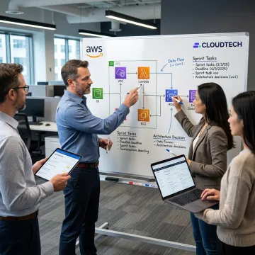 Cloud engineers collaborating on software architecture