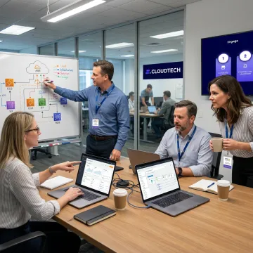 Software development team working with cloud specialists