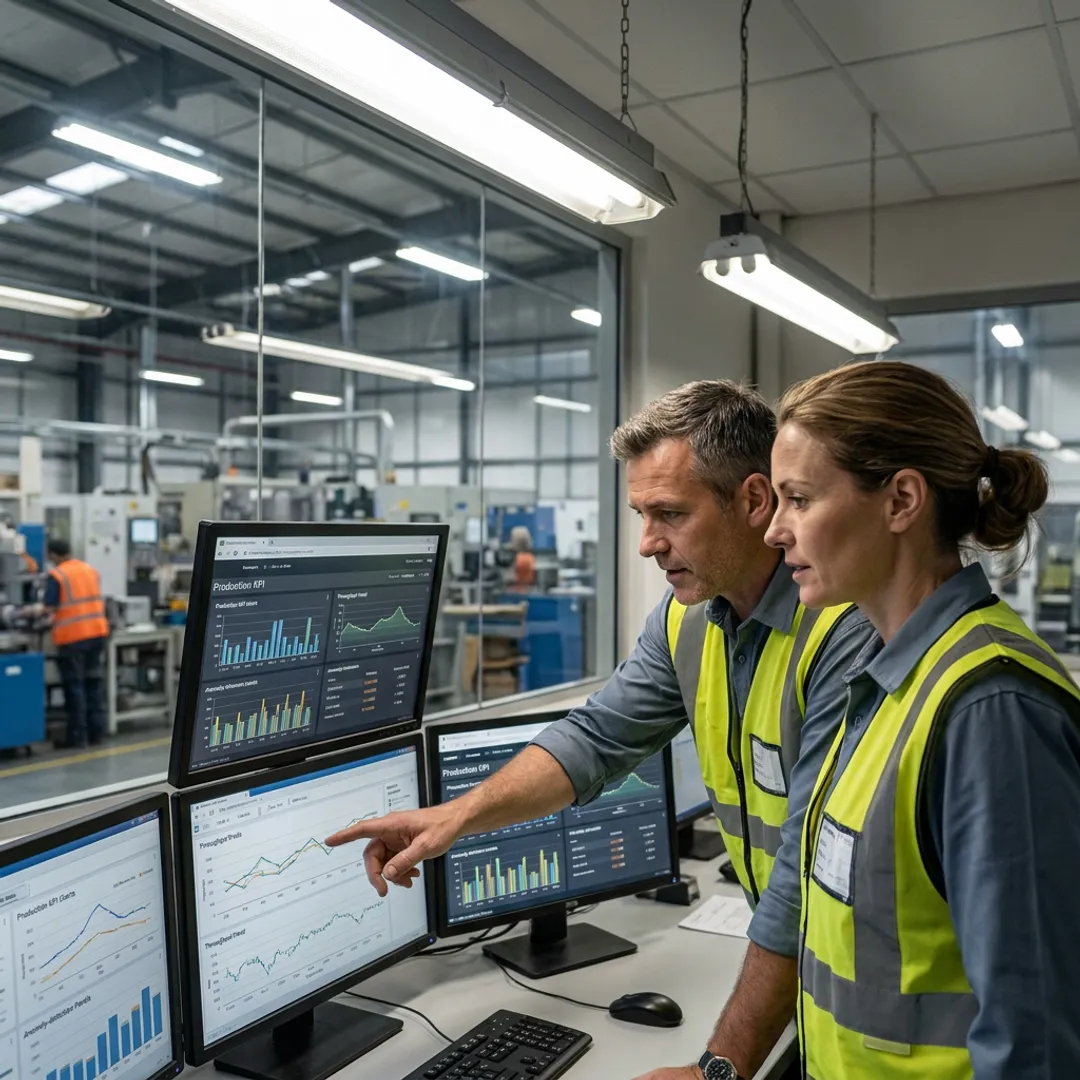 Manufacturing team reviewing AI insights