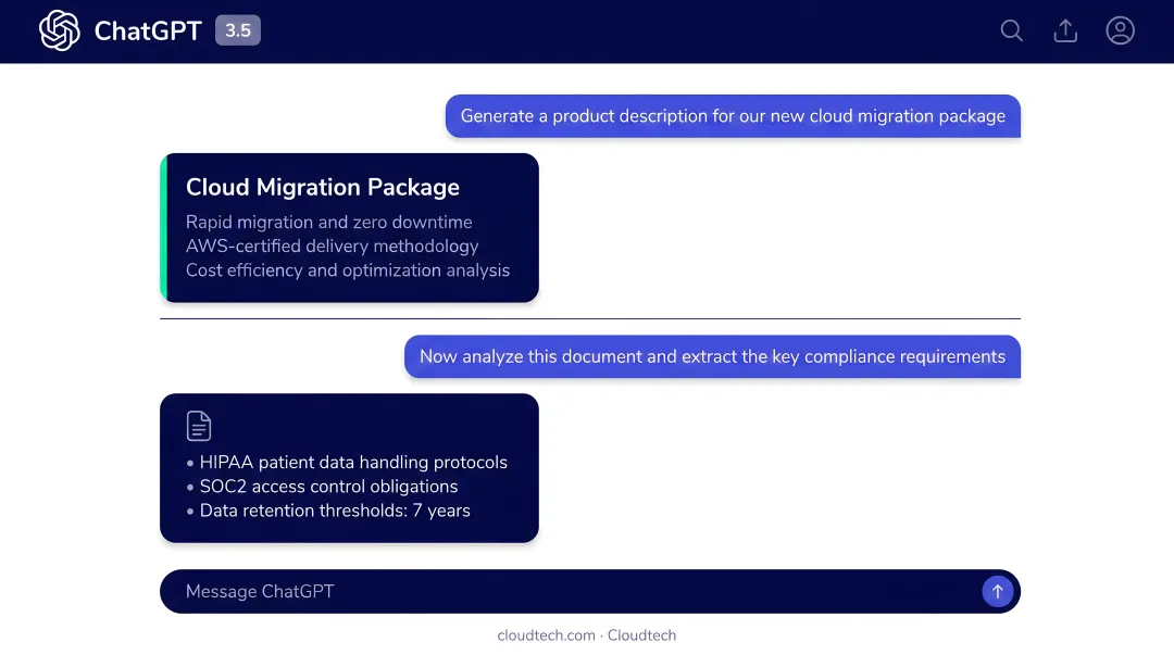 ChatGPT interface displaying content generation and document analysis conversation thread