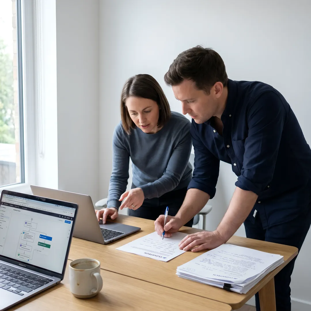 Team reviewing AI chatbot workflow for roofing customer support