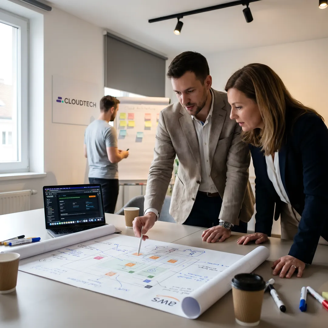 Cloud engineers collaborating on software architecture