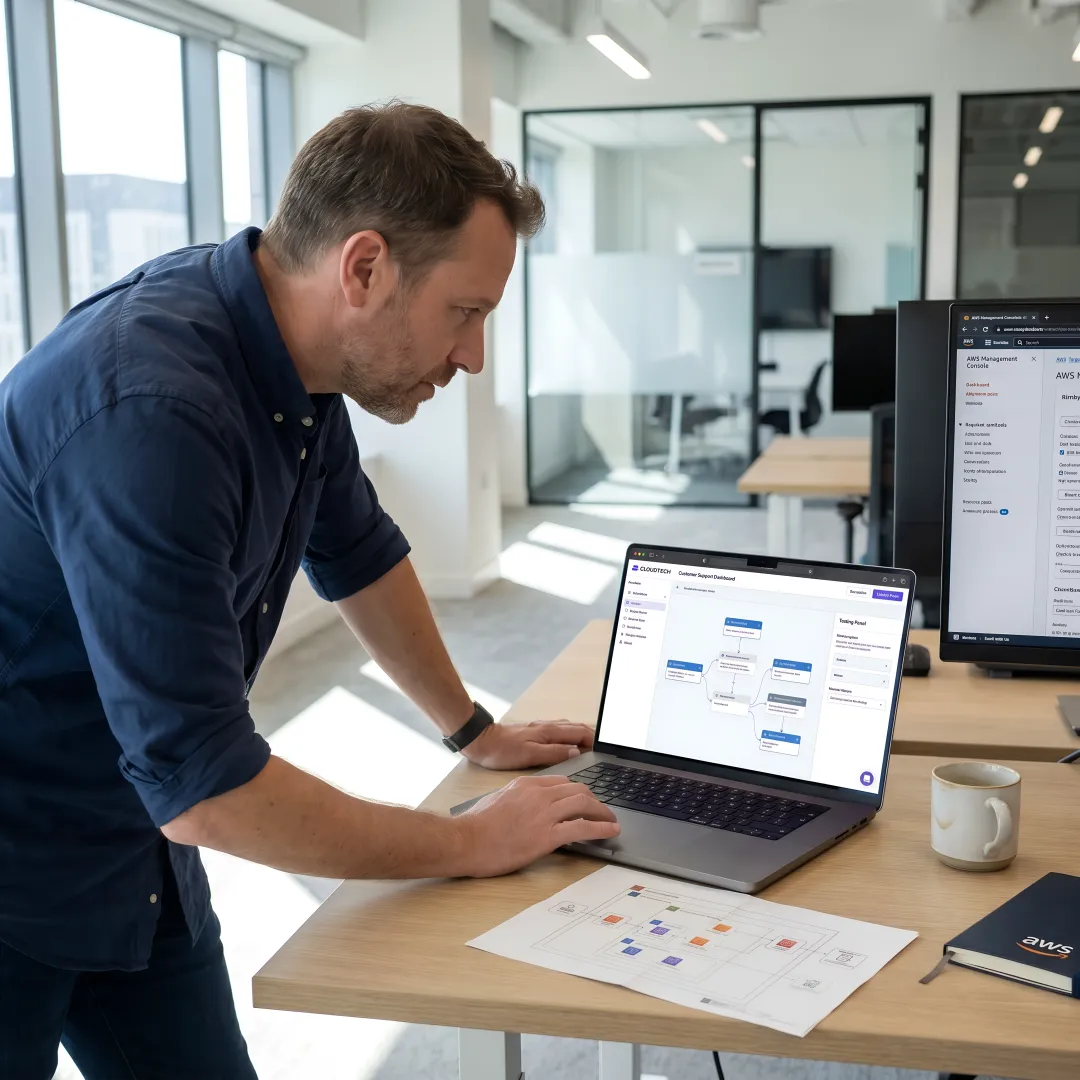 Engineer configuring an AI chatbot support workflow