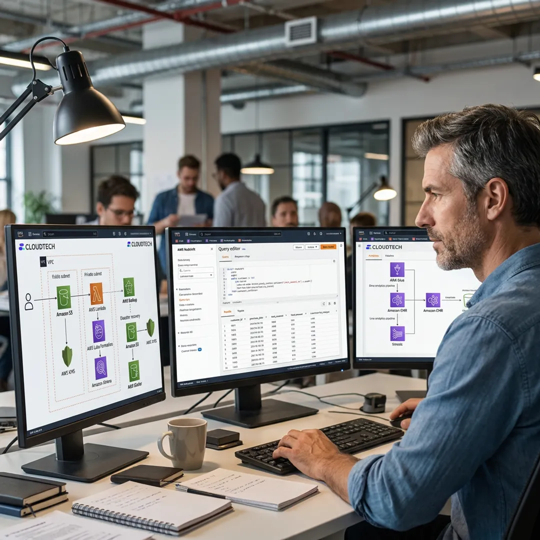 AWS cloud data warehouse dashboard and architecture screens