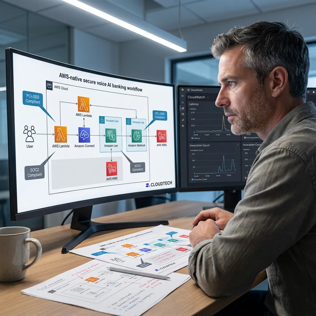 Cloud architect reviewing voice AI workflow diagrams