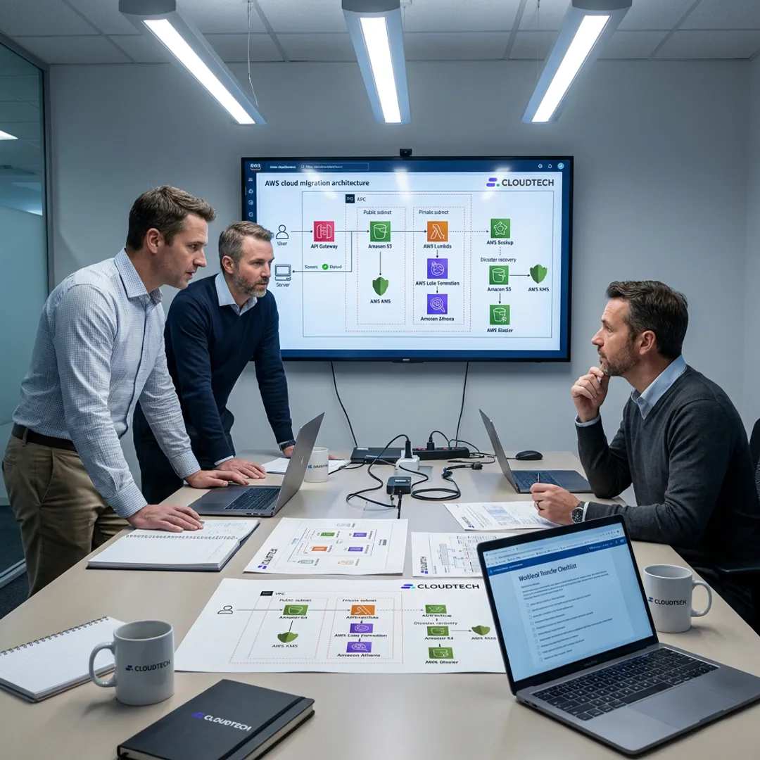 Cloud migration consultants reviewing AWS architecture