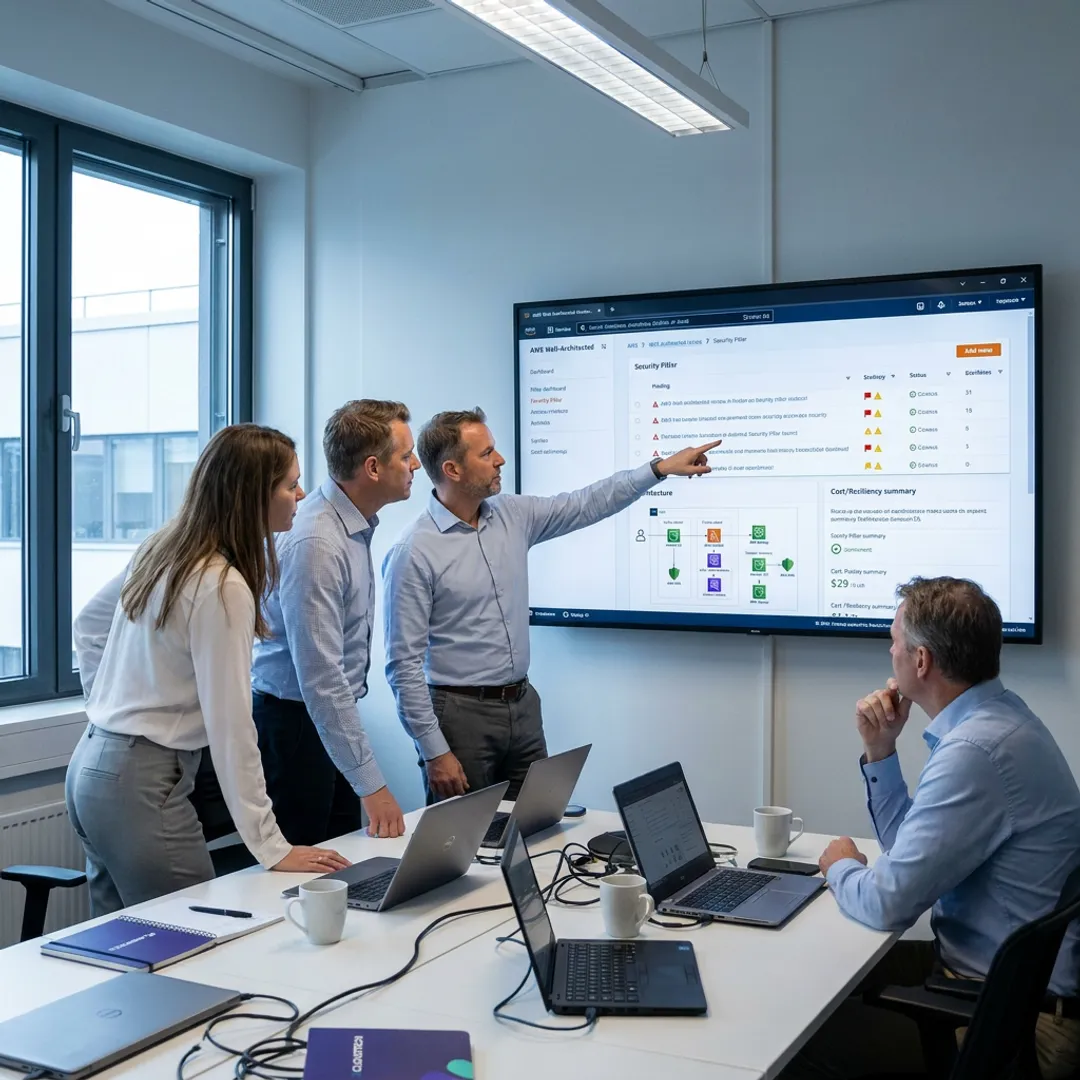 AWS consultants reviewing cloud architecture diagrams