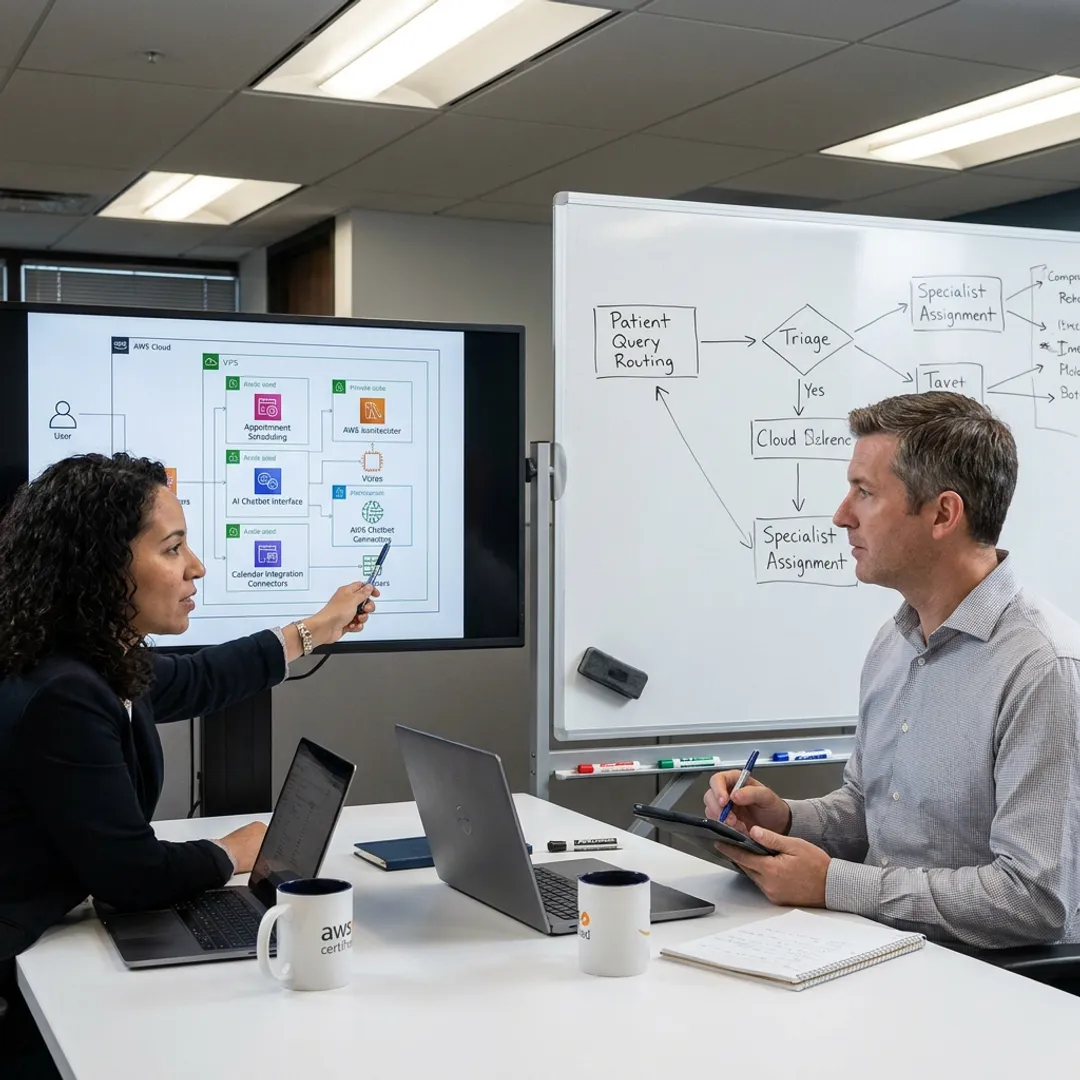 Consultants mapping an AI appointment scheduling workflow