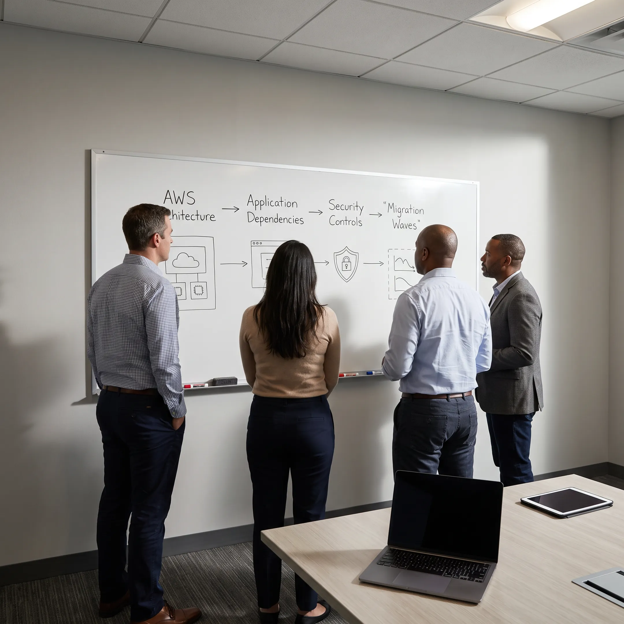 Cloud architects reviewing an AWS migration plan on screens