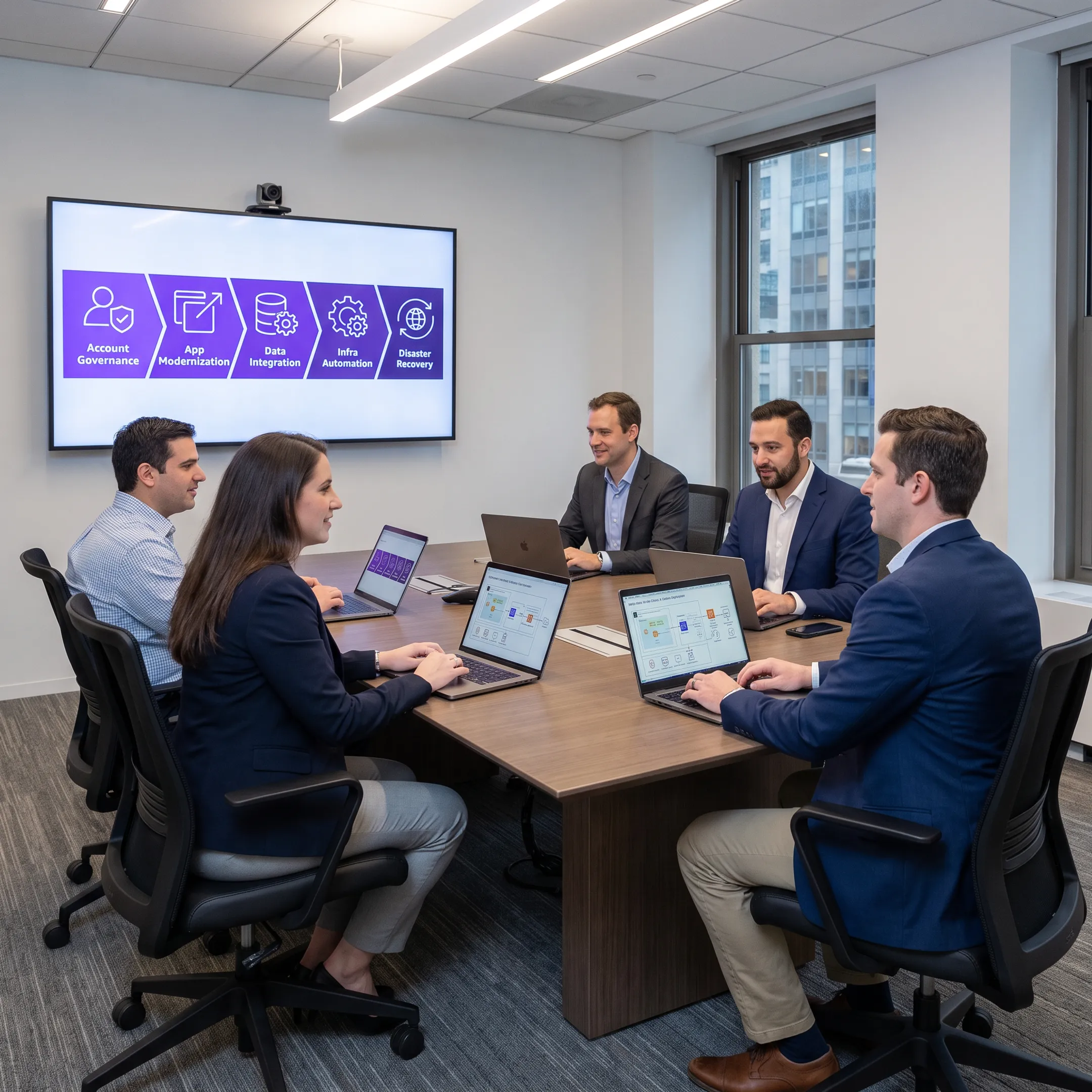 AWS DevOps consultants reviewing cloud architecture and deployment workflows with a business team