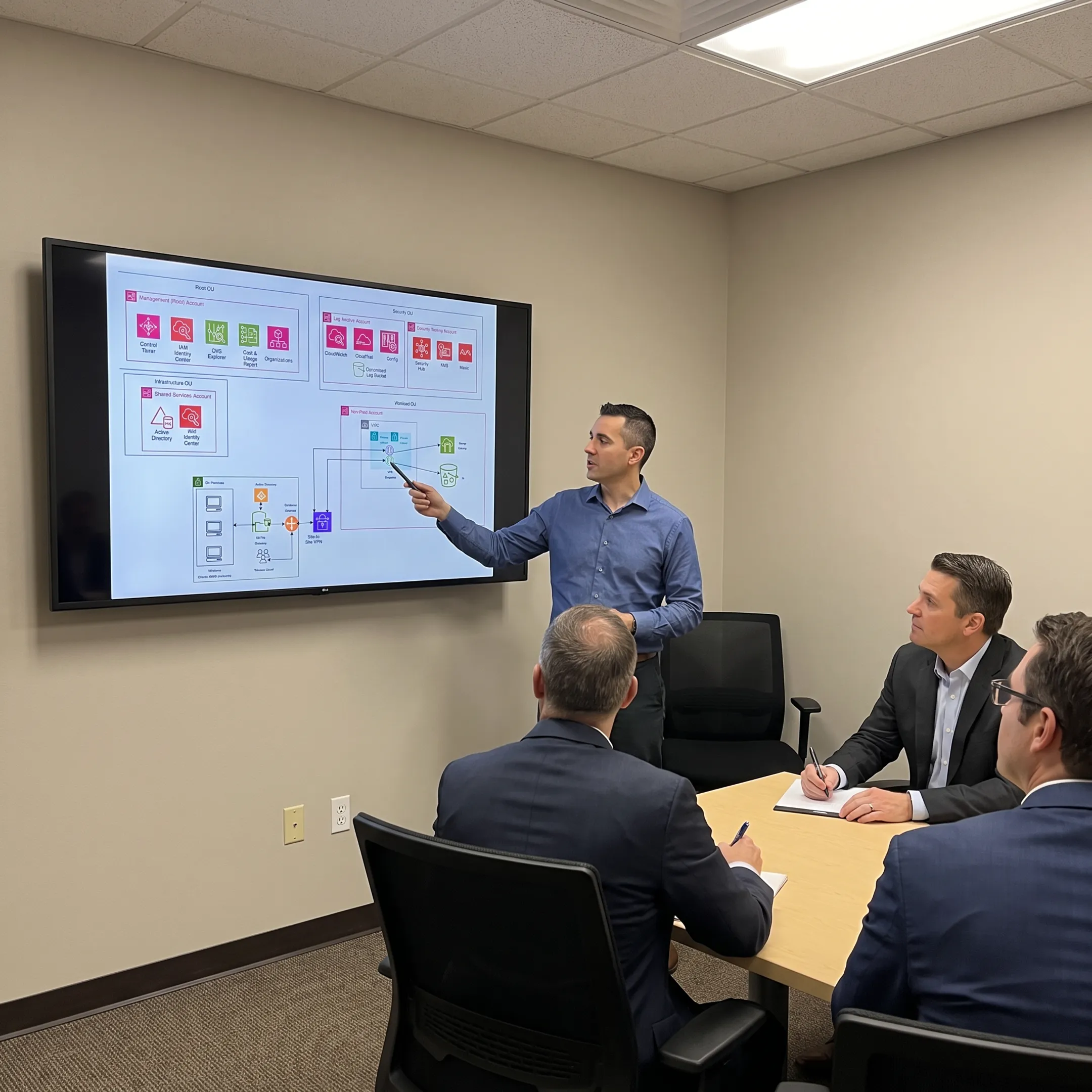 Consultant presenting an AWS cloud modernization roadmap to business and engineering leaders