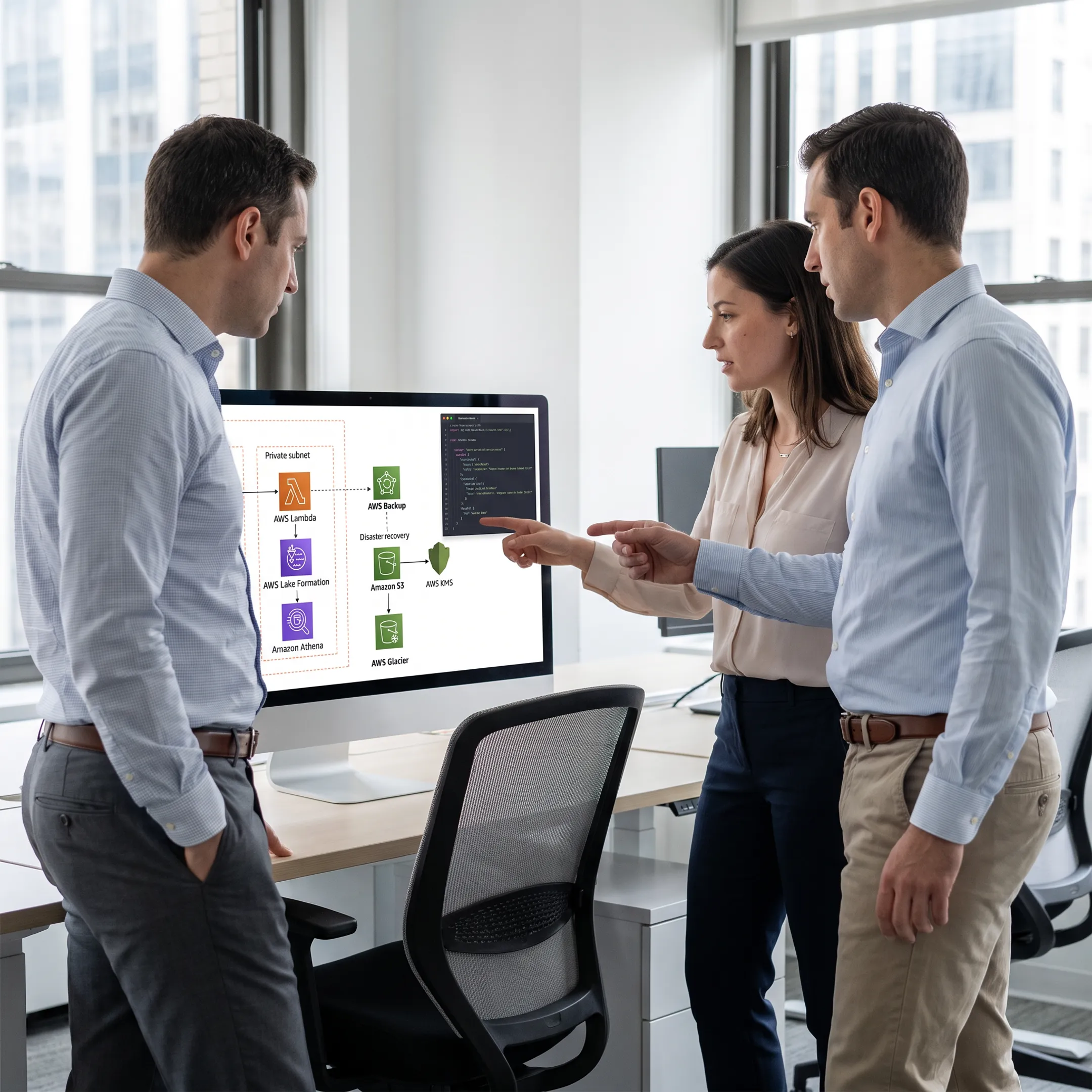 Cloud architects reviewing an AI-driven application modernization plan on a monitor