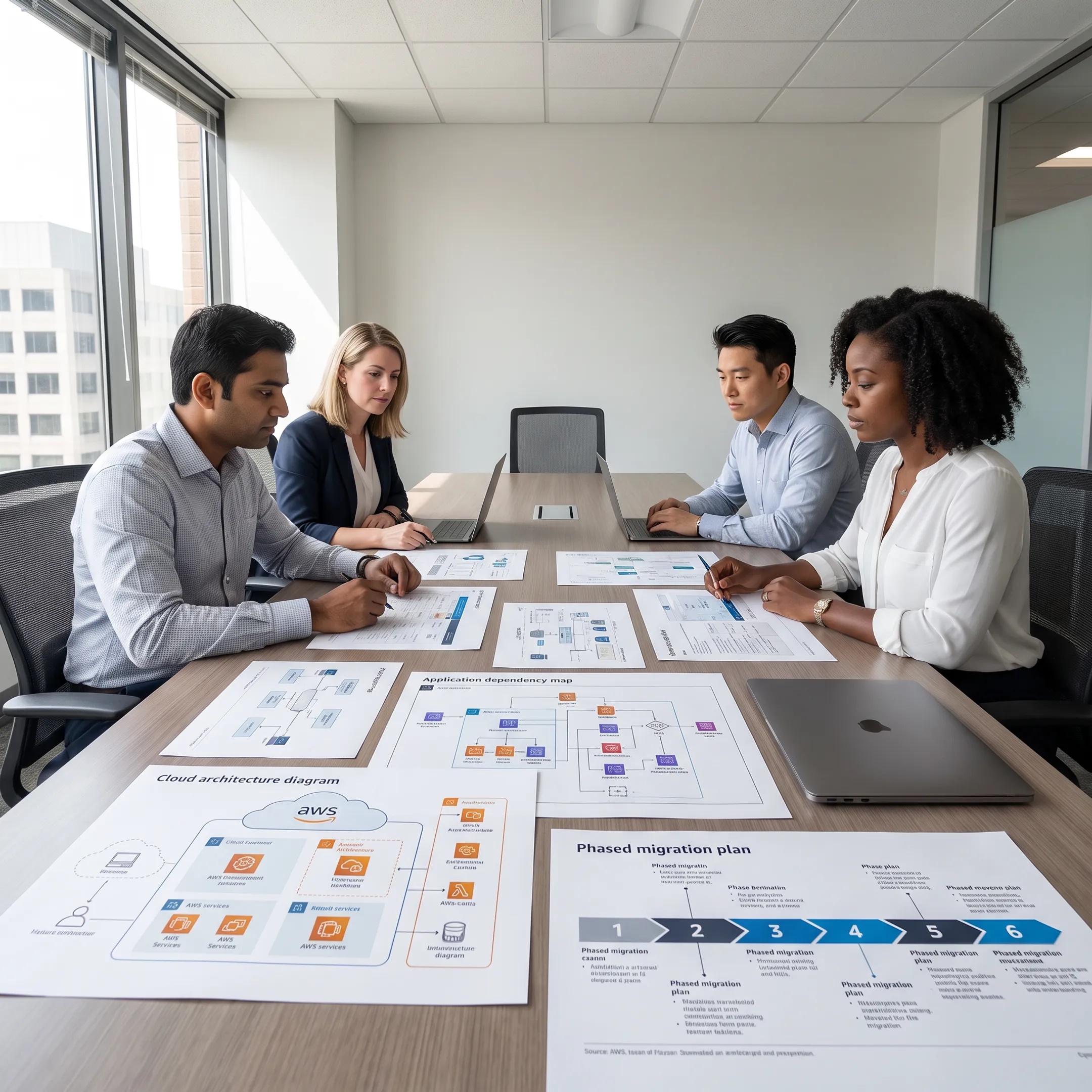 Consultants reviewing an AWS cloud migration plan with business technology leaders