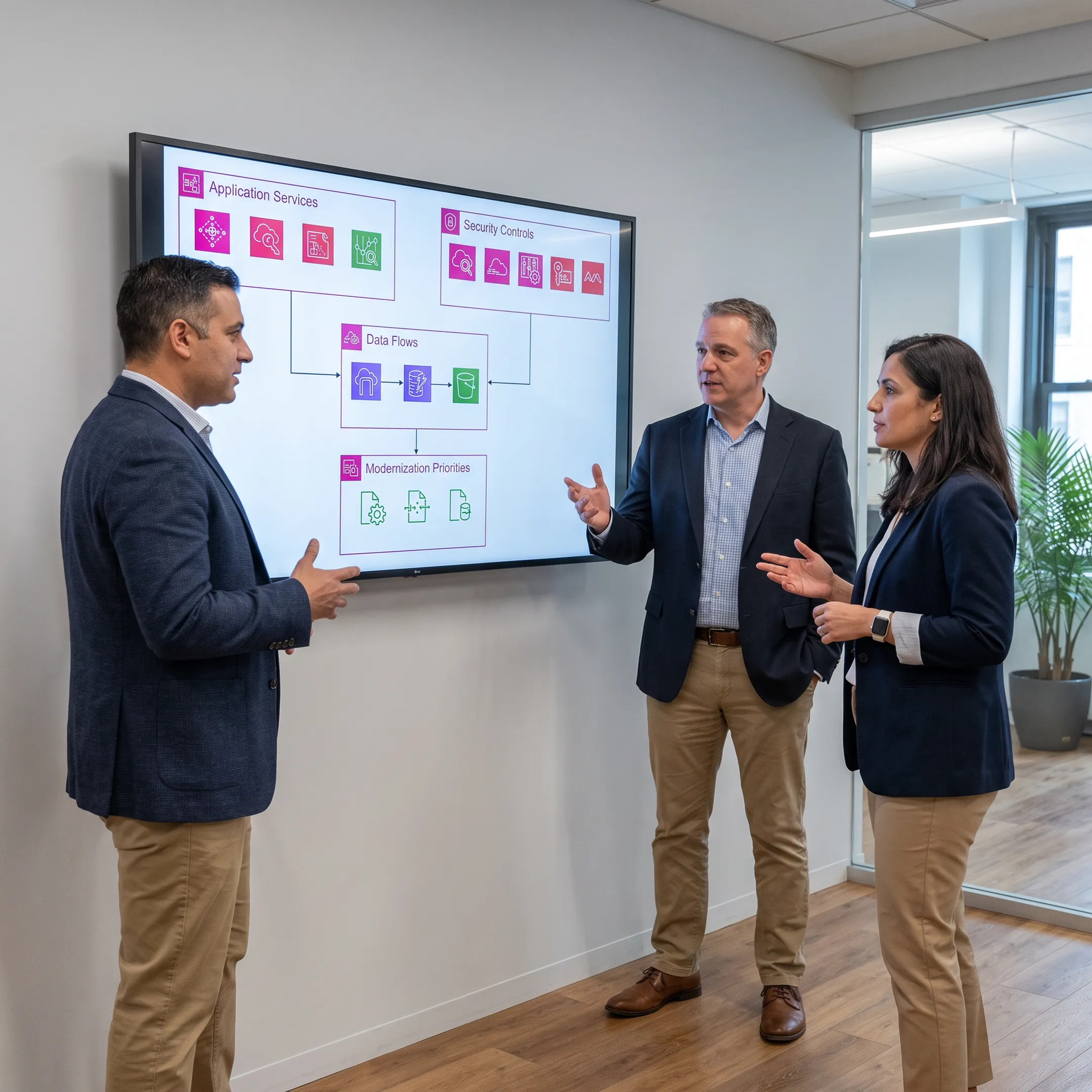 AWS development team reviewing a cloud architecture plan