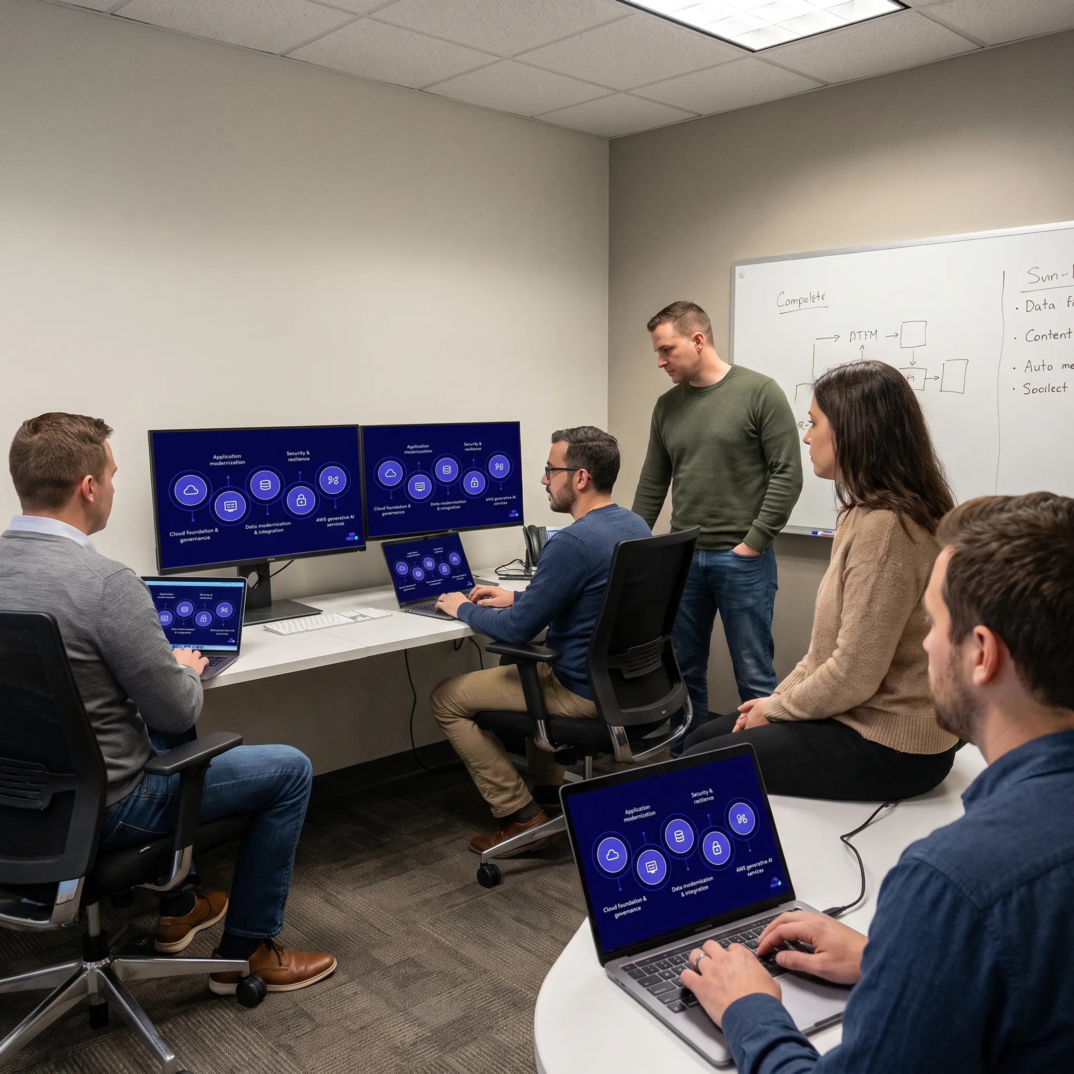 Cloud architects reviewing a legacy application modernization plan on AWS