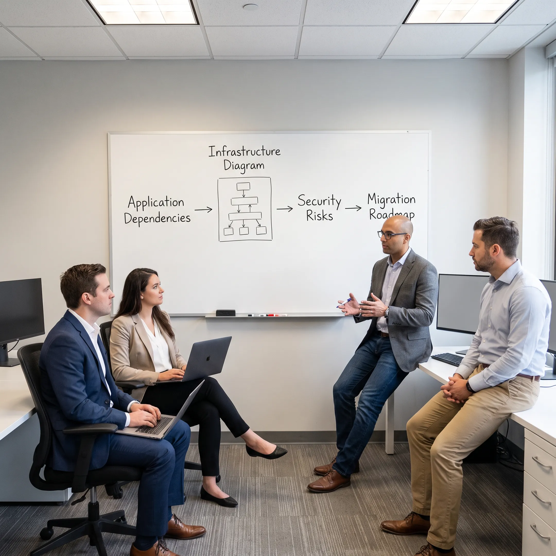 Cloud consultants reviewing an AWS migration readiness plan with business stakeholders