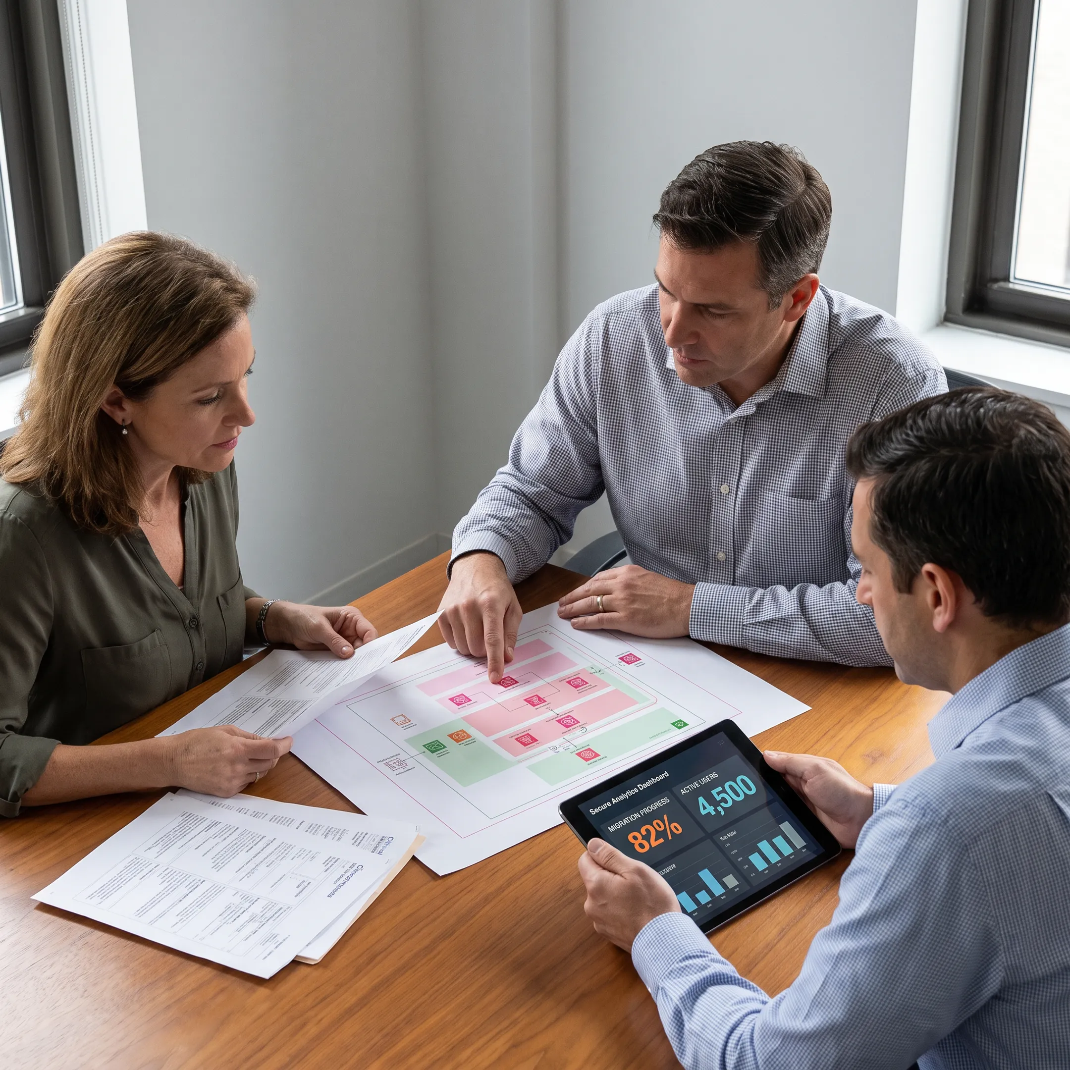 Healthcare data specialists reviewing EMR and EHR migration workflows on secure cloud dashboards