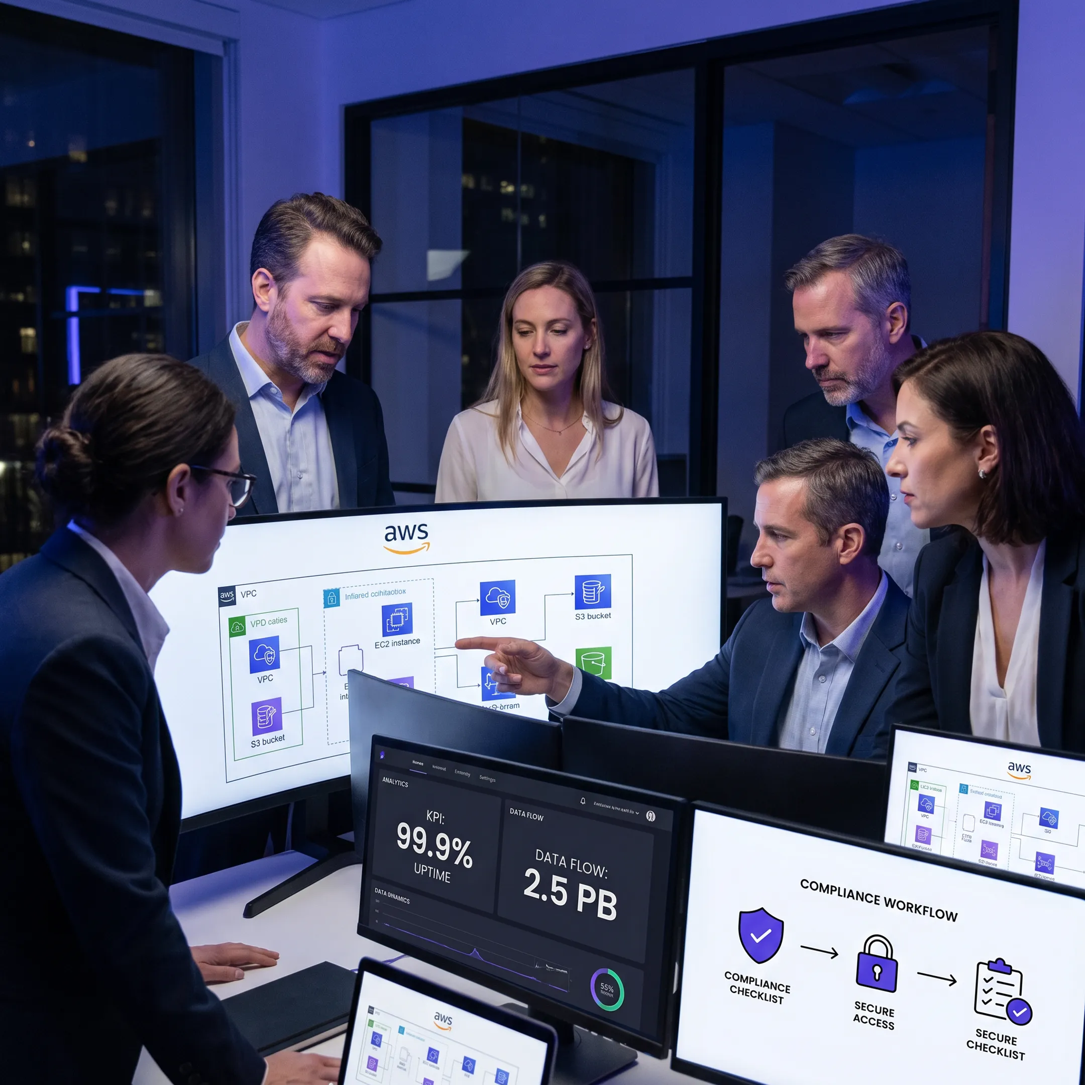 Financial services team reviewing secure AWS cloud architecture dashboards