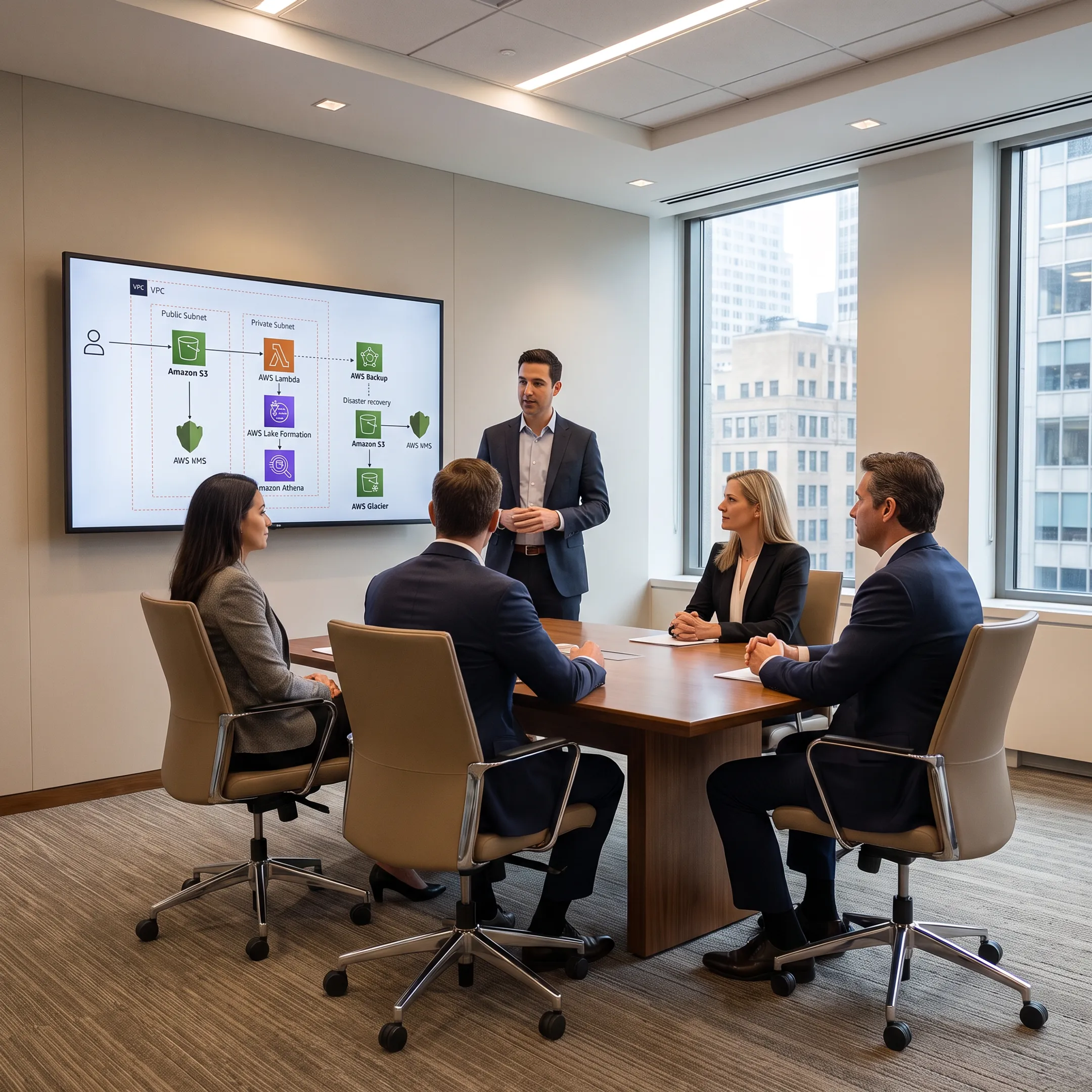 Consultant presenting resilient AWS cloud strategy to financial services leaders
