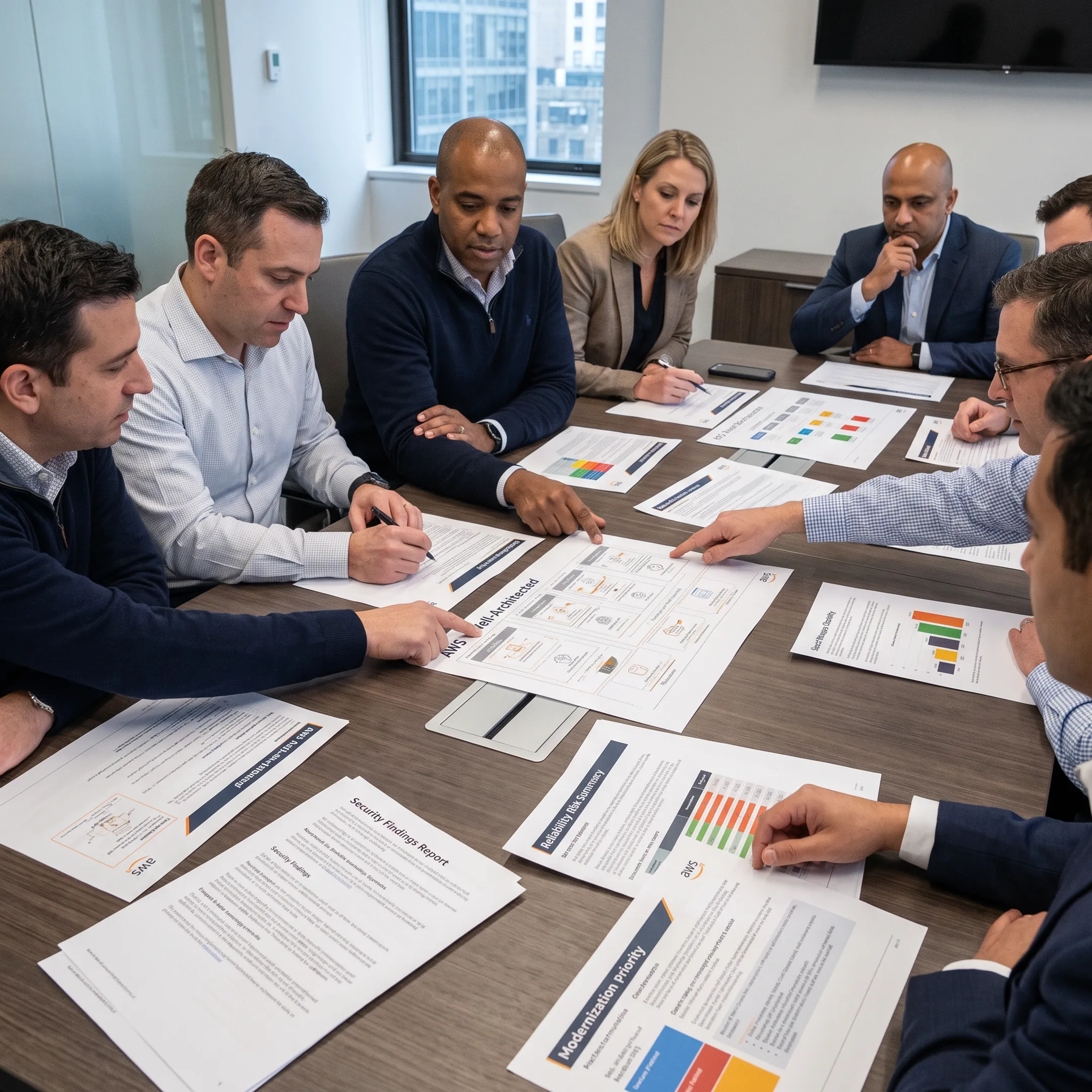 Cloud architects reviewing an AWS cloud architecture assessment on a monitor