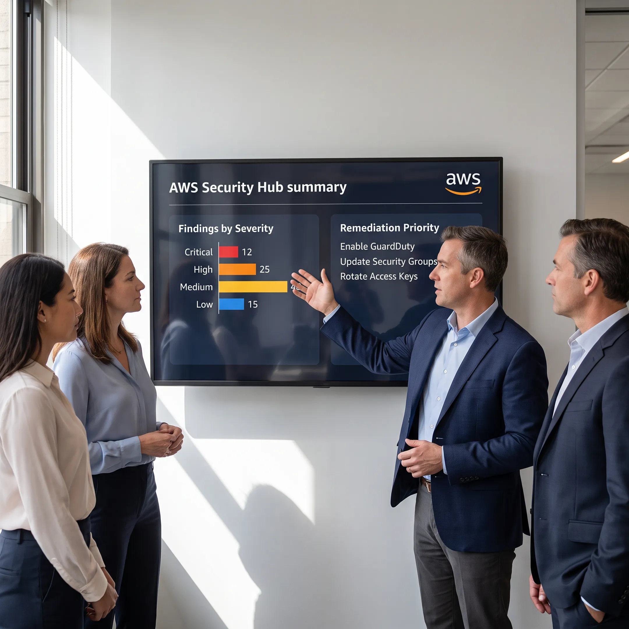 Consultant reviewing AWS Security Hub findings with business technology team