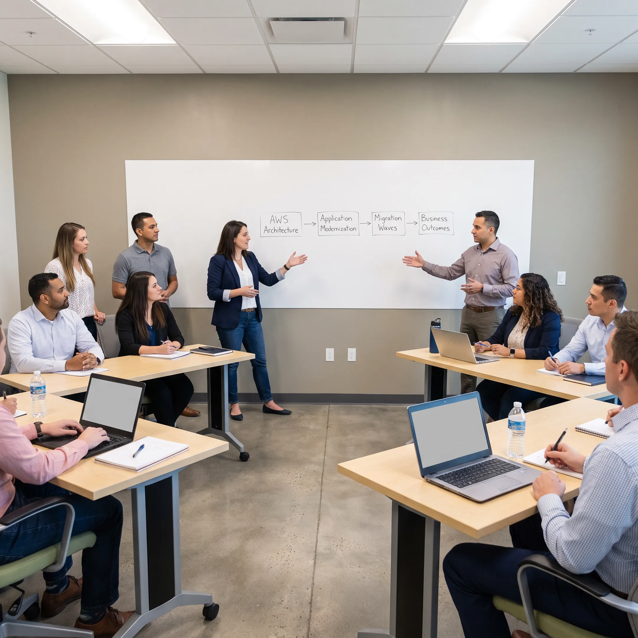 Team reviewing an AWS modernization roadmap during a workshop