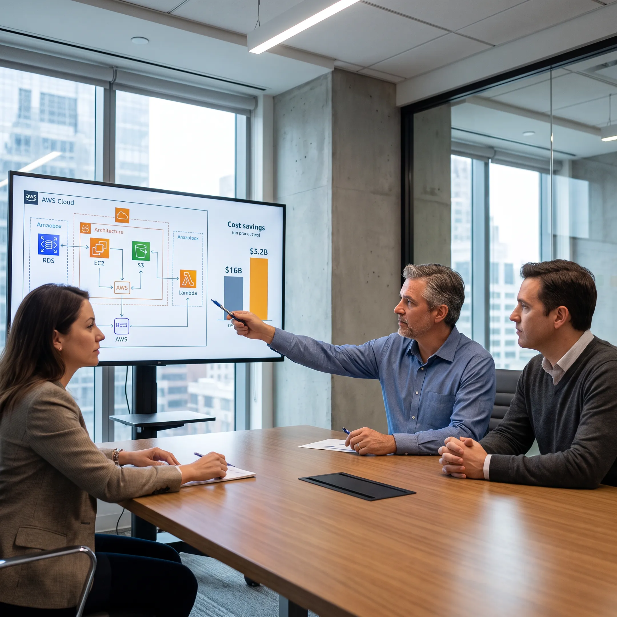 Cloud architects reviewing database migration plans on a laptop