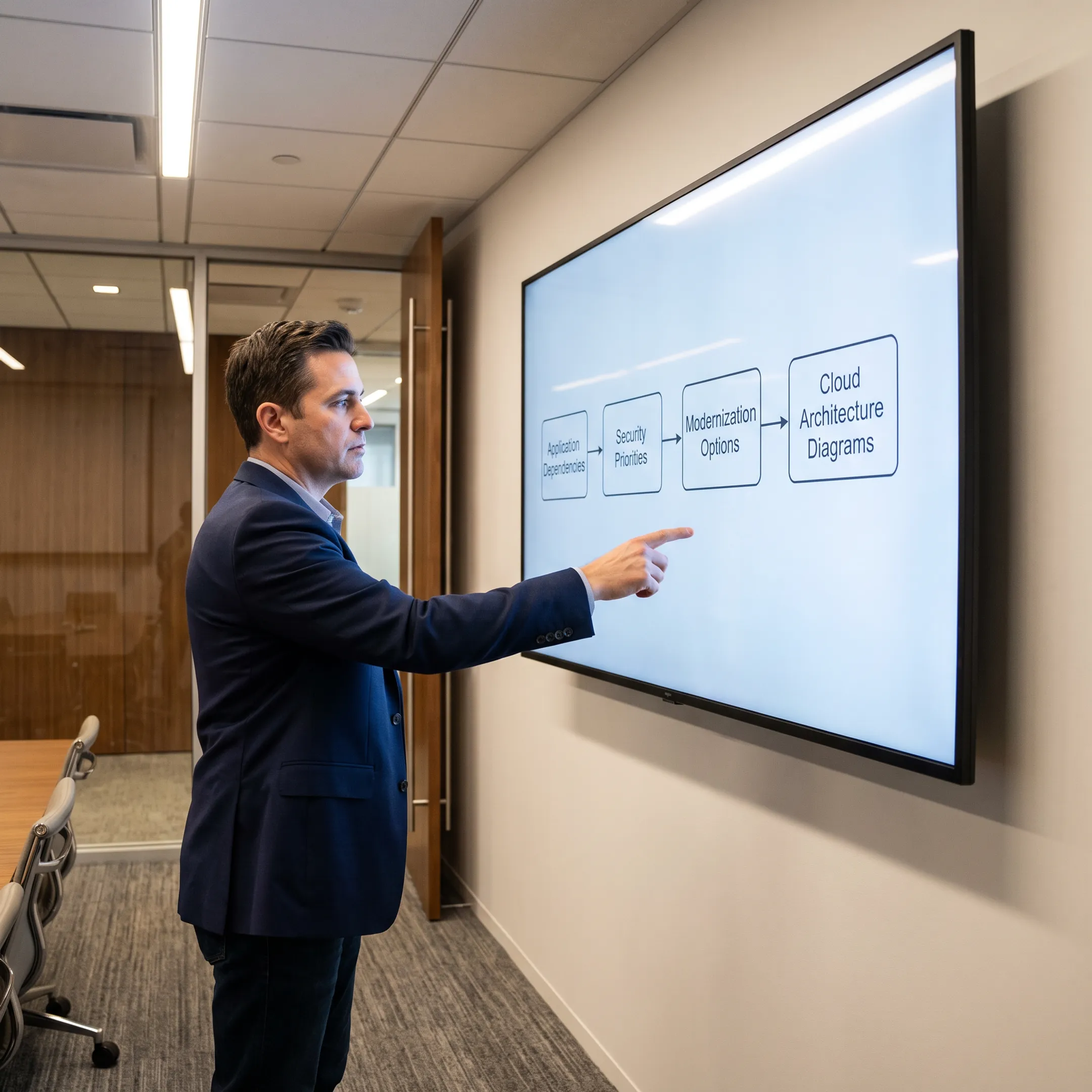 Consultant presenting a structured AWS migration roadmap to business and technology leaders