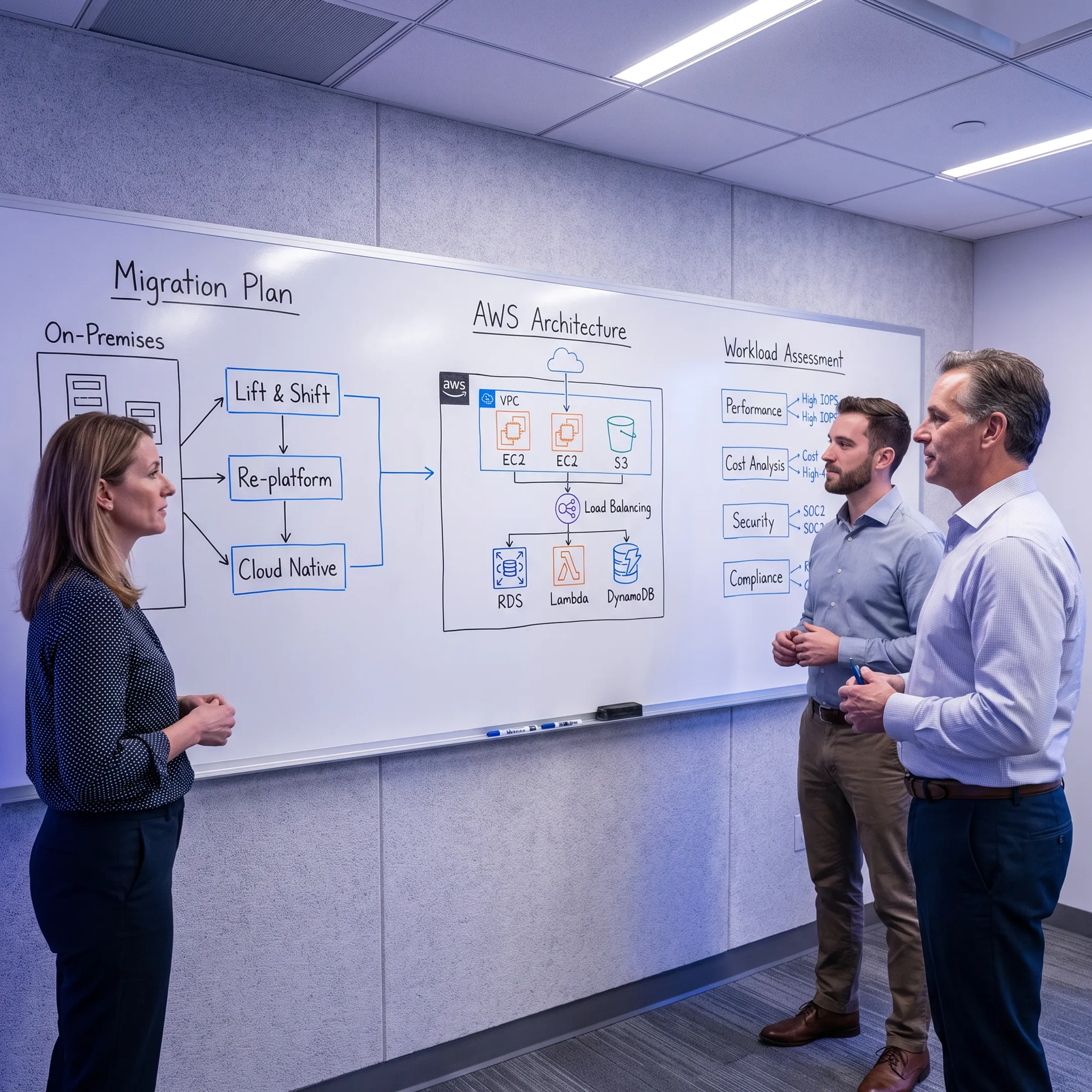 Cloud architects reviewing an AWS migration strategy on a large planning display