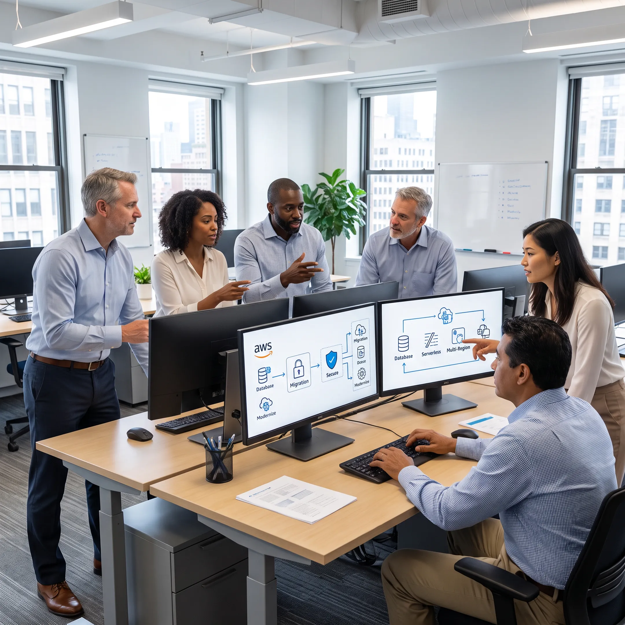 Cloud architects reviewing a modern database architecture on AWS dashboards