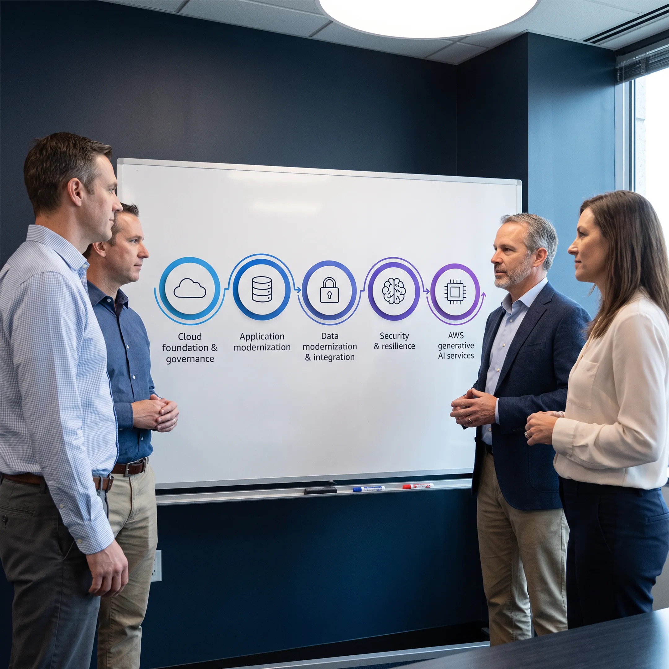 Cloud migration specialists reviewing AWS workload architecture and migration priorities