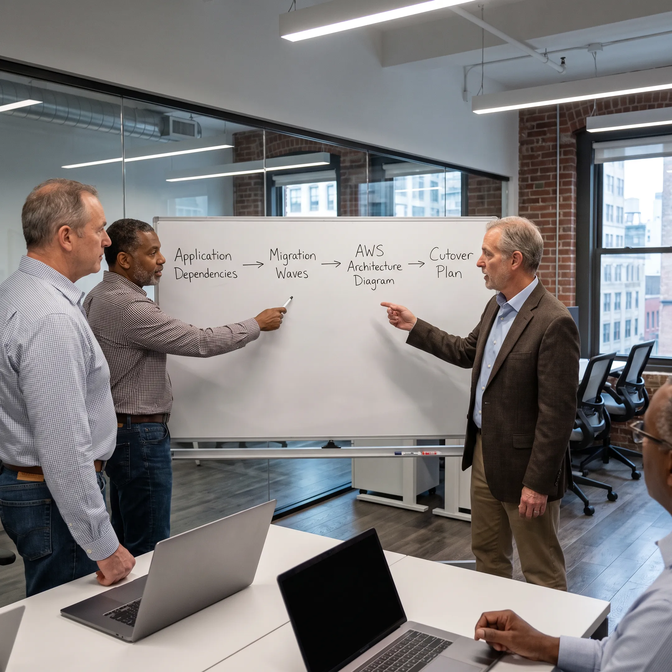 Cloud architects planning an AWS cloud migration on large strategy screens
