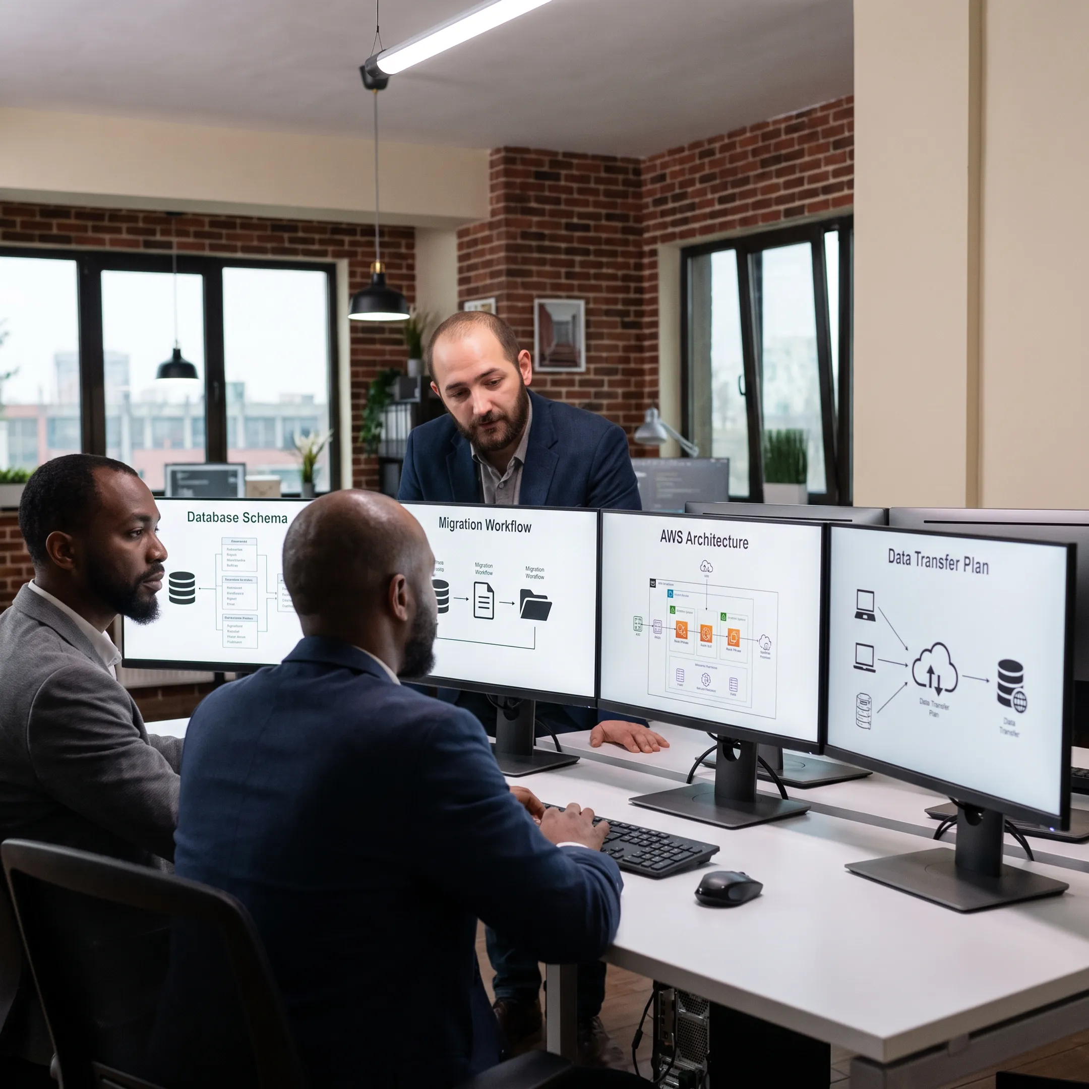 Cloud architects reviewing a database migration plan on screens