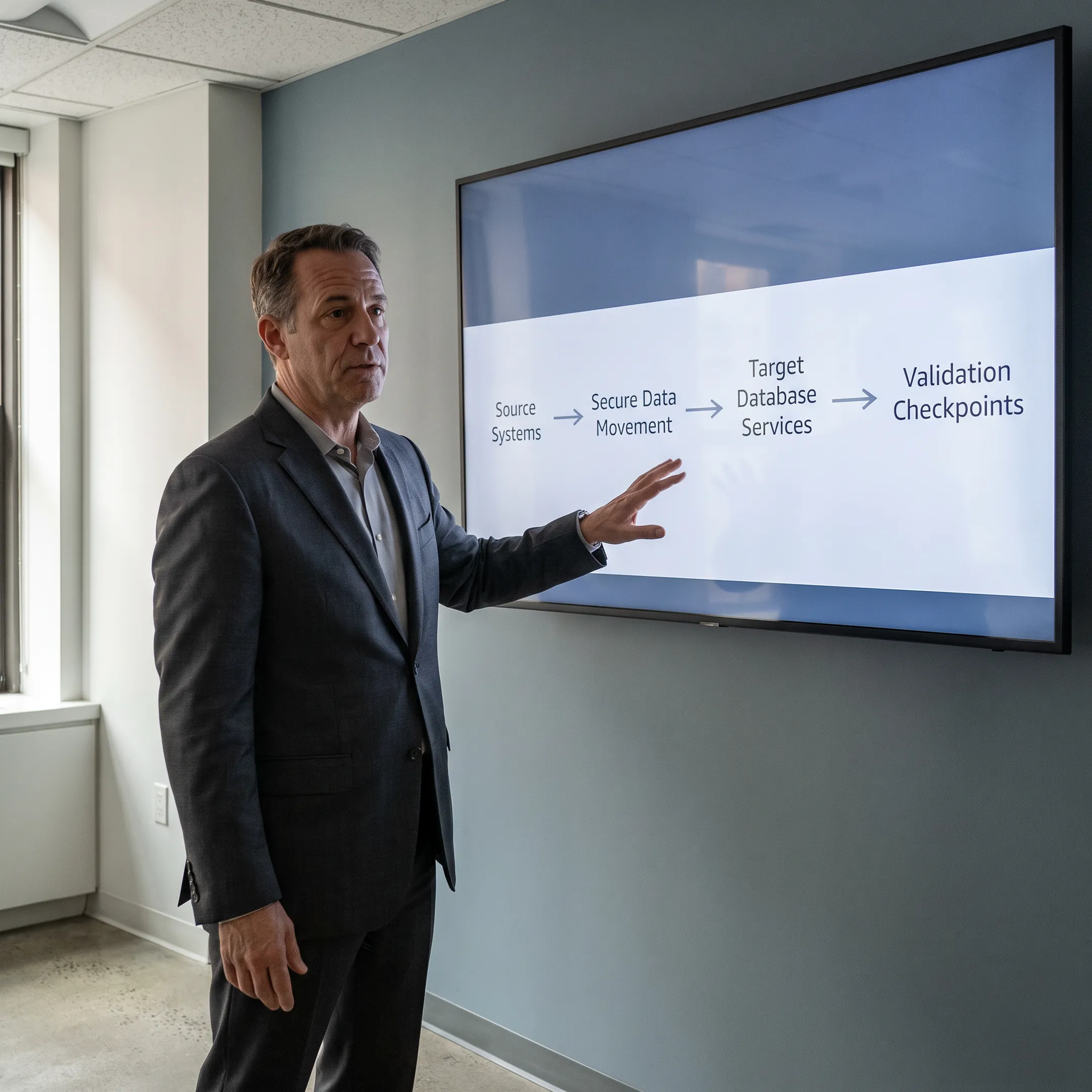 Cloud consultant presenting a database migration architecture