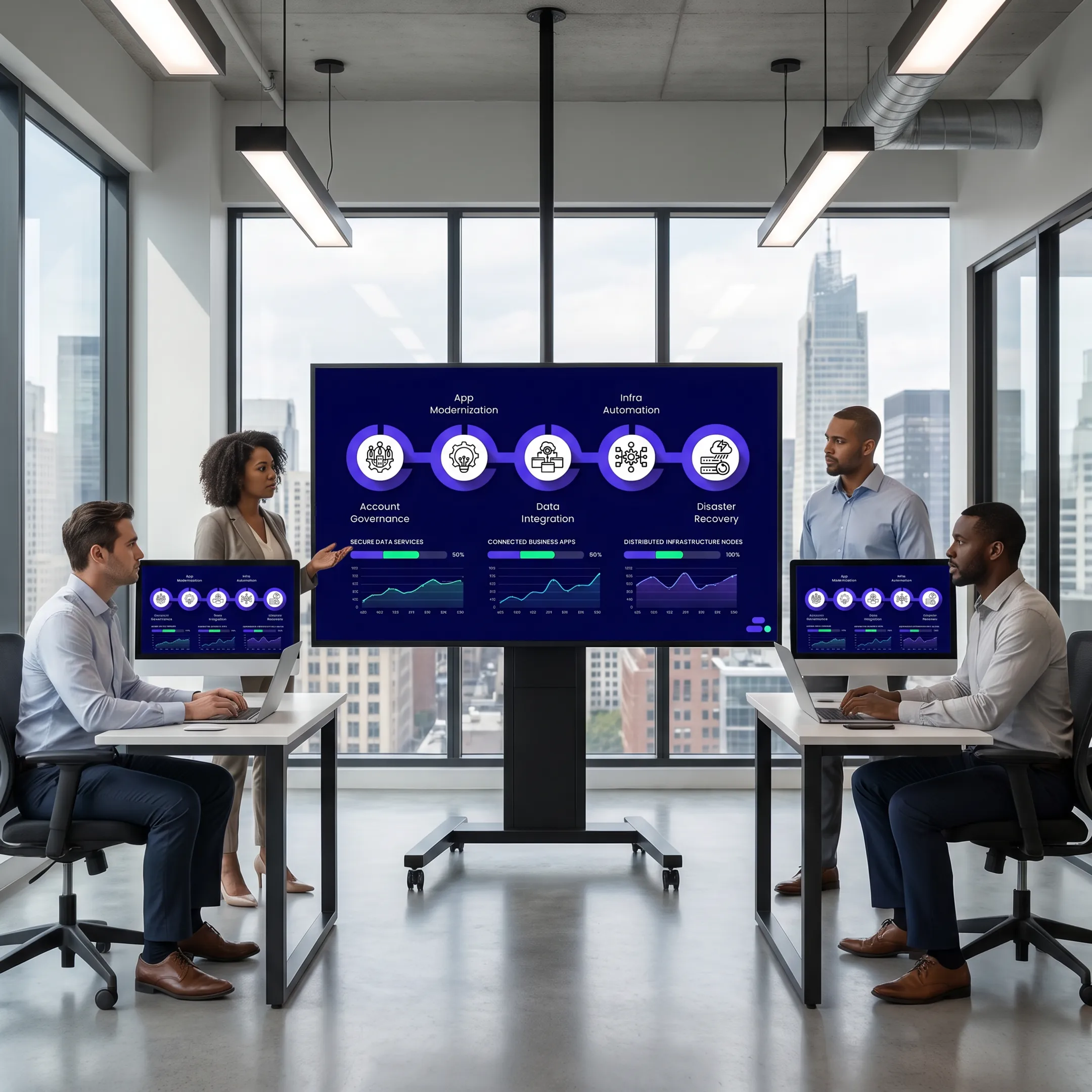 Cloud computing infrastructure visualization with connected business applications and secure data services