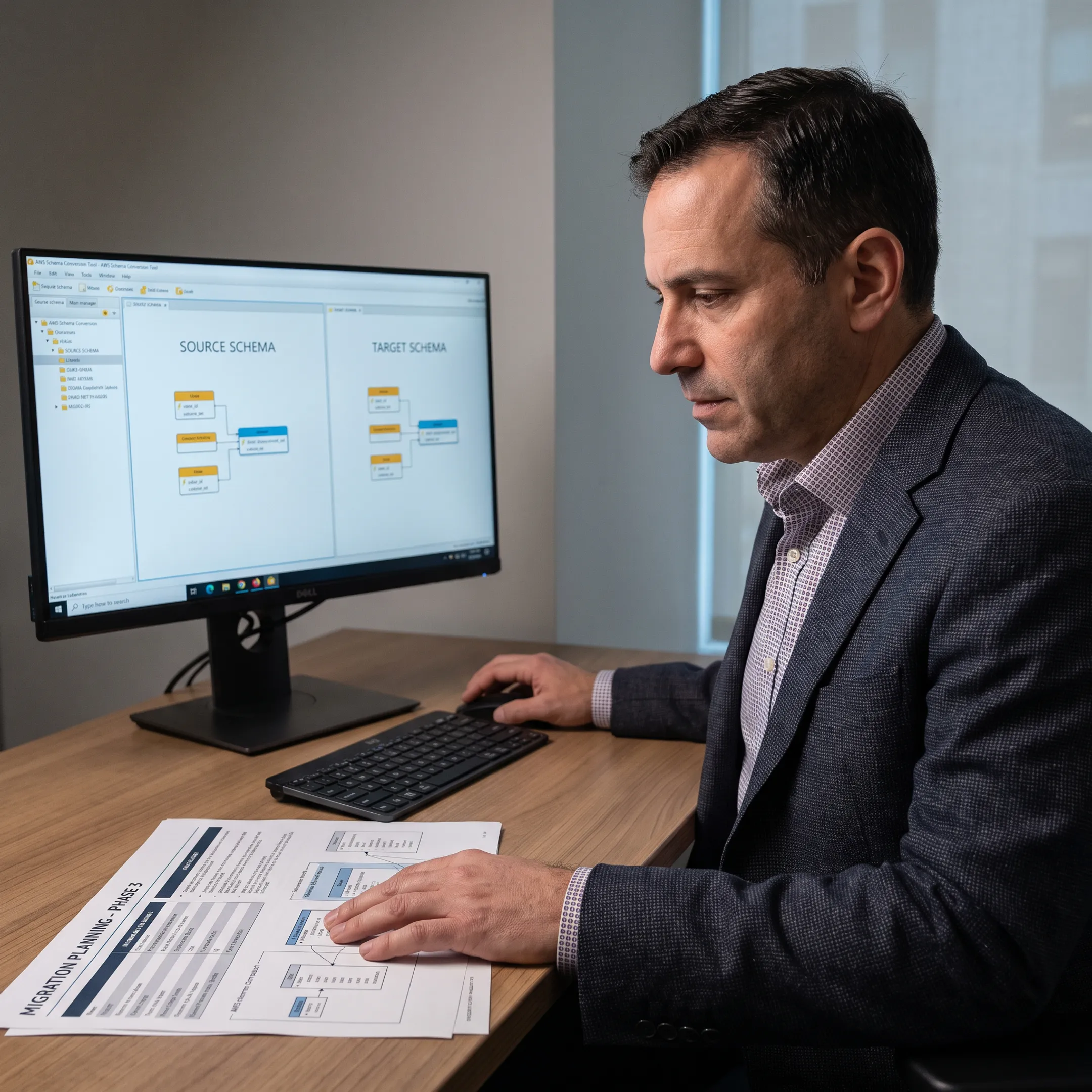 AWS schema conversion assessment displayed on a laptop