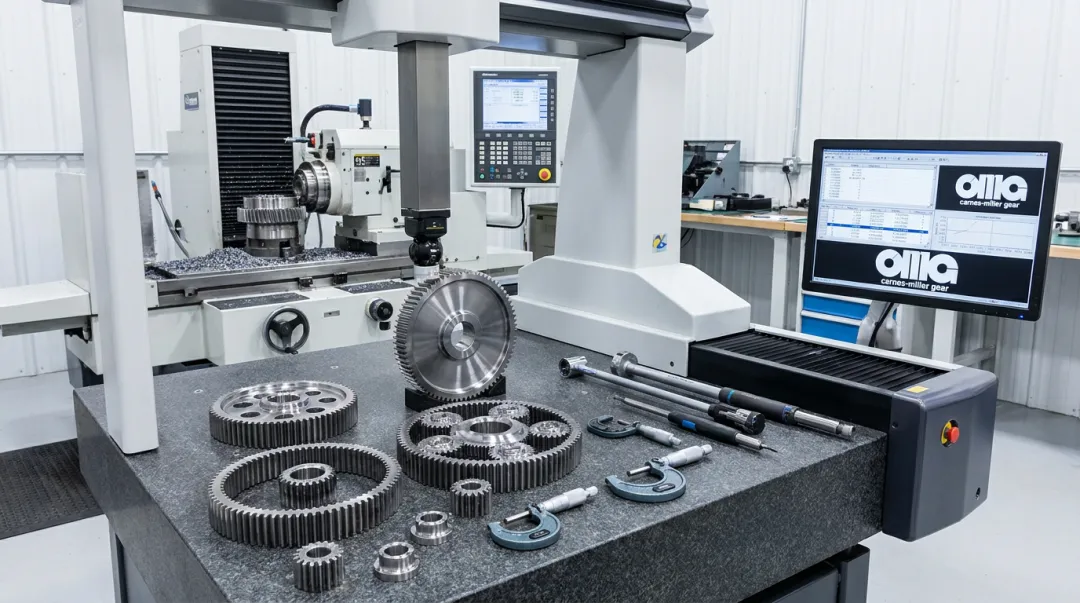 Precision planetary gear components and grinding equipment at Carnes-Miller Gear facility