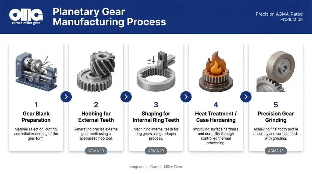 Planetary gear manufacturing process flow from blanking through hobbing shaping and grinding