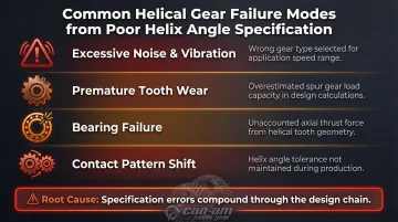 Four helical gear failure modes caused by incorrect helix angle specification infographic