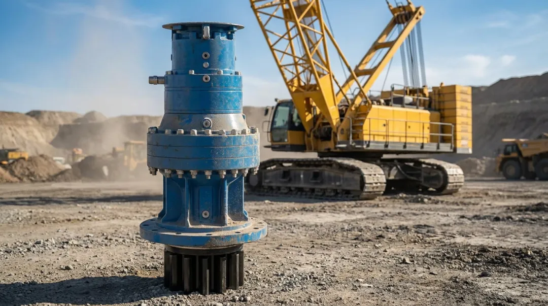 Heavy-duty industrial planetary gearbox installed on mining or construction equipment