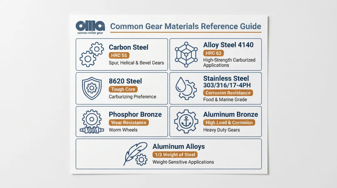 Custom gear material selection guide comparing steel bronze aluminum and stainless alloys