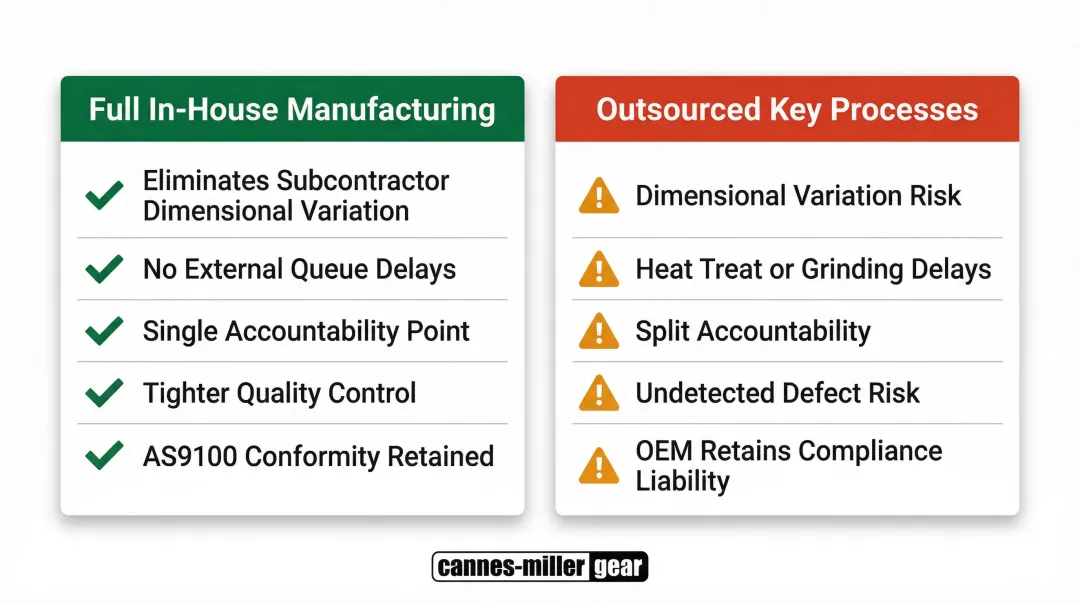 In-house versus outsourced gear manufacturing risk and quality control comparison chart