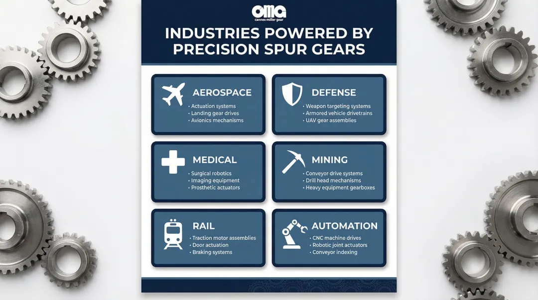 Precision spur gear industry applications table across six major sectors