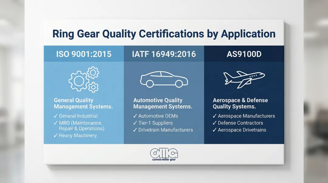 Three-tier quality certification comparison chart ISO 9001 IATF 16949 and AS9100D