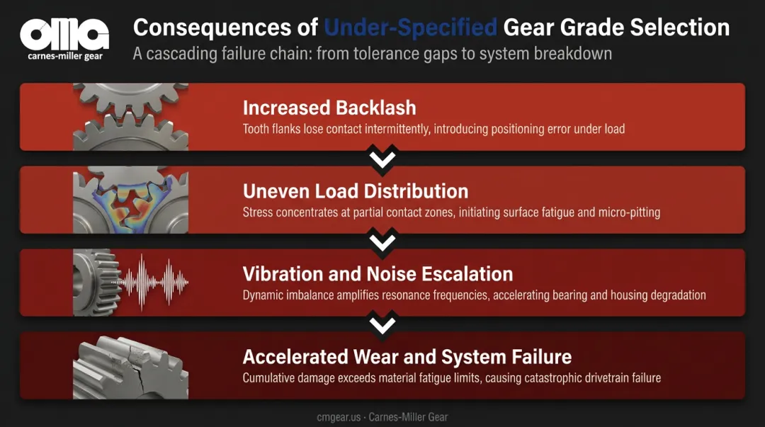 Four consequences of wrong-grade gear specification failure cascade infographic